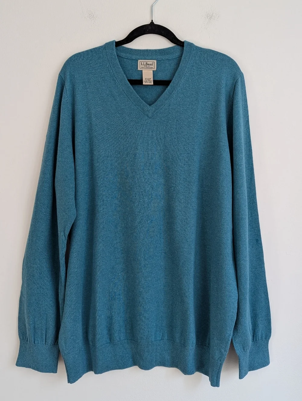 L.L. Bean Men's Teal V-Neck Cotton Cashmere Blend Pullover Sweater XL Tall